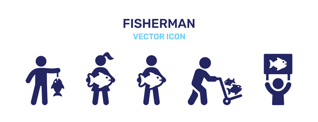 Set icon of fisherman icon vector.