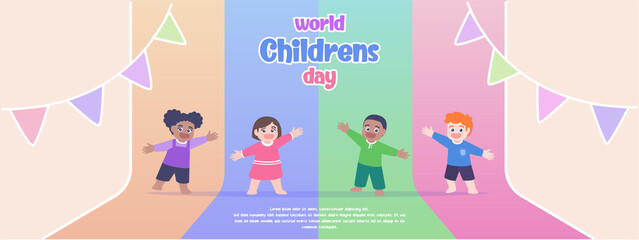 world children's day concept banner. group of kids flat illustration with colorful background banner template