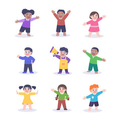 group of cute kids cartoon character with flat design illustration. cute kids with any difference pose race concept flat illustration