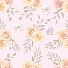 Hand drawn blooming rose flower seamless pattern design