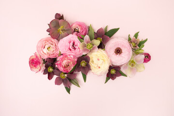 Obraz na płótnie Canvas Beautiful fresh ranunculus floral flat lay on pink background