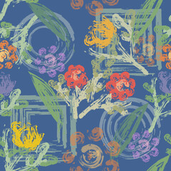 On  circles and squares drawn blue background, leaves and floral  seamless pattern motif , with brush textured. 
