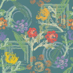 On  circles and squares drawn green background, leaves and floral  seamless pattern motif , with brush textured. 