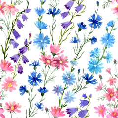 Wild flowers seamless pattern with chicory, cornflower, bluebell, cosmos flower. Hand drawn watercolor floral background for fabric, wrapping paper and wallpaper