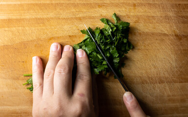Chives cut with a knife held by one hand over a wood with a light from left to right. Seasoning...