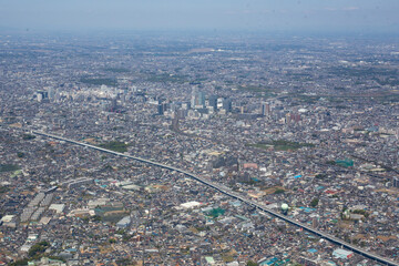 首都高大宮線の浦和北インター上空からさいたま新都心方向を空撮 - obrazy, fototapety, plakaty