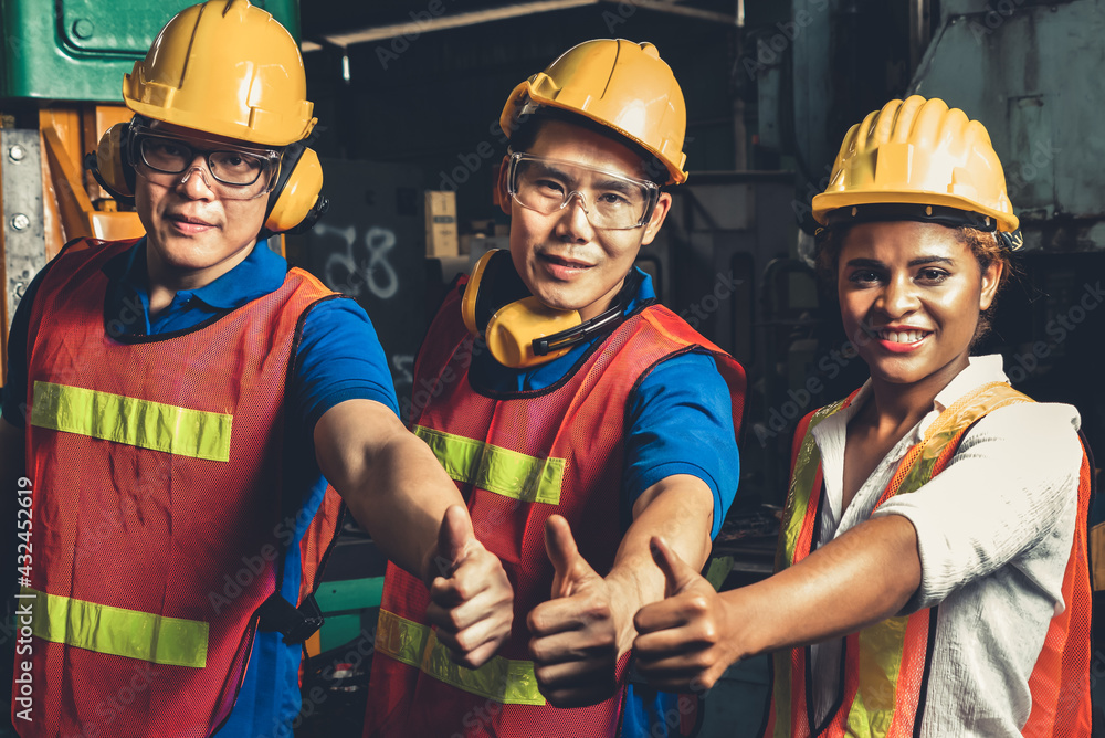 Poster team of skillful factory workers showing unity partnership and support . industrial people and manuf