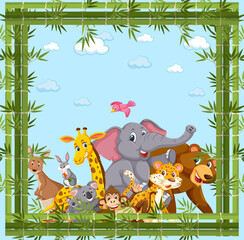 Wild animals group with bamboo frame