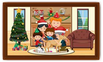 Obraz na płótnie Canvas Happy family in Christmas costume in the living room scene photo in a frame