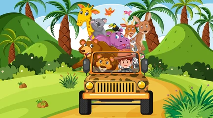 Tuinposter Safari scene with wild animals in the jeep car © brgfx