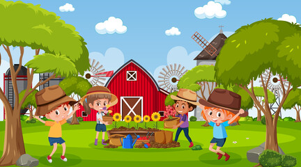 Farm scene with many kids planting flowers