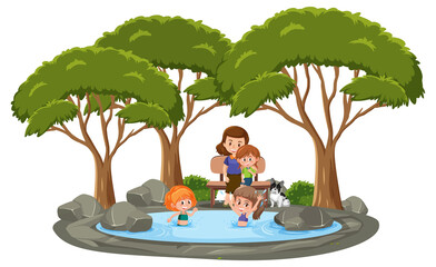 Fototapeta na wymiar Many children swimming in the pond with many trees on white background