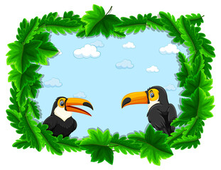 Obraz na płótnie Canvas Empty banner with tropical leaves frame and toucan cartoon character