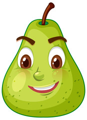 Green pear cartoon character with happy face expression on white background