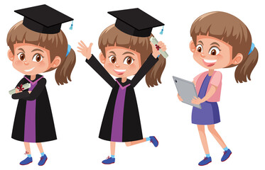 Set of a girl wearing graduation gown with different poses