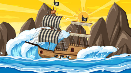 Fototapeta premium Ocean with Pirate ship at sunset time scene in cartoon style