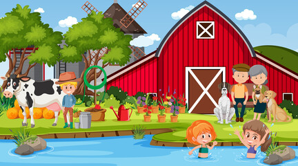 Obraz na płótnie Canvas Farm scene with many kids and farm animals