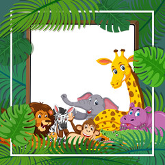 Wild animals group with tropical leaves frame