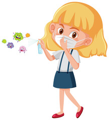 A girl wear mask and using alcohol sanitizer with virus cartoon character