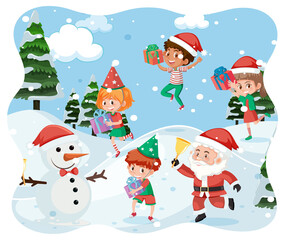 Merry Christmas scene with Santa Claus playing eith many chldren in snow scene