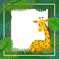 Tropical leaves banner template with a giraffe cartoon character