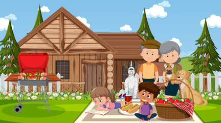 Nature outdoor scene with happy family having a picnic