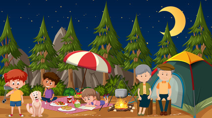 Nature outdoor scene at night with happy family camping