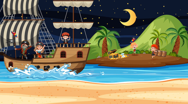 Treasure Island scene at night with Pirate kids on the ship © brgfx
