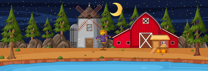 Farmland horizontal scene with barn and windmill at night time © brgfx