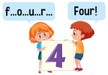 Cartoon character of two kids spelling the number four