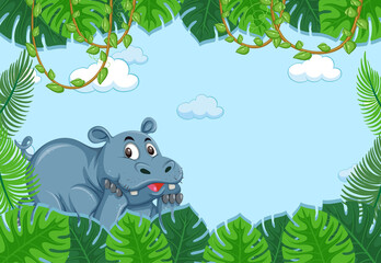 Hippopotamus cartoon character in blank forest scene