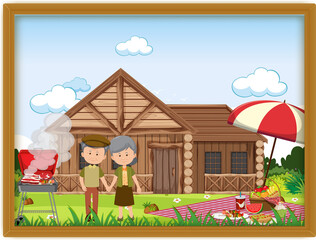 A picture of old couple doing picnic in a frame