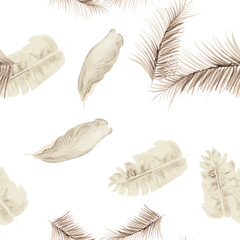Gray Tropical Palm. White Seamless Exotic. Brown Pattern Vintage. Decoration Vintage. Banana Leaves. Isolated Exotic. Spring Foliage. Watercolor Background.