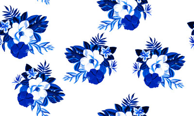 Navy Seamless Vintage. Cobalt Pattern Botanical. White Tropical Botanical. Blue Floral Background. Gray Flora Leaf. Indigo Watercolor Exotic. Decoration Background.