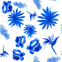 Fototapeta na wymiar Indigo Tropical Foliage. Navy Seamless Textile. Gray Pattern Textile. Blue Drawing Vintage. White Floral Texture. Cobalt Decoration Vintage. Decoration Texture.