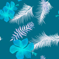 Fototapeta na wymiar Azure Tropical Illustration. Blue Seamless Palm. Indigo Pattern Design. NavySpring Painting.Flower Painting. Drawing Botanical. Decoration Textile. Flora Art.