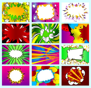 Collection of pop art comic background. Cartoon Vector Illustration with cloud, speech bubble, thunder, explosion and star.