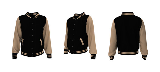 Varsity jacket mockup in front, side and back views. 3d illustration, 3d rendering - obrazy, fototapety, plakaty