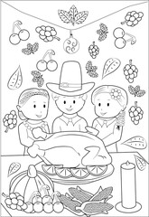 Children are celebrating Thanksgiving Coloring Page