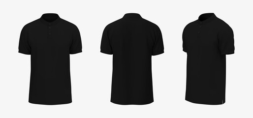 Blank mandarin collar t-shirt mockup in front, side and back views, tee design presentation for print, 3d rendering, 3d illustration