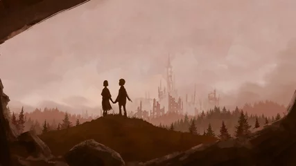 Wandaufkleber Girl and boy looking at the destroyed world around them. 2D illustration © Iobard