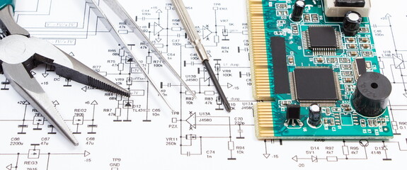 Printed circuit board, precision tools and diagram of electronics. Technology