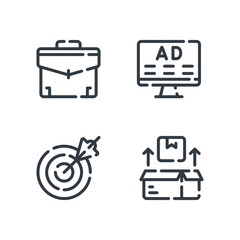 Vector illustration of briefcase, ads, target, product icon. Simple icon with line design style