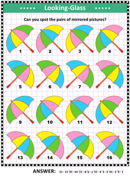 Visual abstract puzzle with colorful umbrellas: Can you spot the pairs of mirrored pictures? Answer included.
