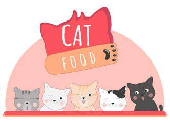 Cat food sign with cute five cat illustration for pet shop banner and sign
