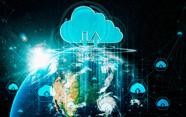 Cloud computing technology and online data storage in innovative perception . Cloud server data storage for global business network concept. Internet server service connection for cloud data transfer.