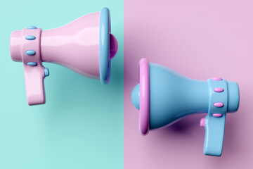 Blue and pink   cartoon loudspeakers on a   isolated  background stand opposite each other . 3d illustration of a megaphone. Advertising symbol, promotion concept.
