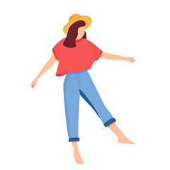 Young Woman in Straw Hat Walking, Happy Girl Travelling and Sightseeing on Vacation Vector Illustration. Summer woman in straw hat