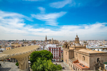 Fototapeta na wymiar From the top of the Space Metropol Parasol (Setas de Sevilla) one have the best view of the city of Seville, Spain. It provides a unique view of the old city center
