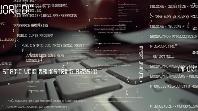 Creative visual of computer programming coding and software development shown by man working on computer keyboard with overlay of computer graphic displaying abstract program codes and computer script